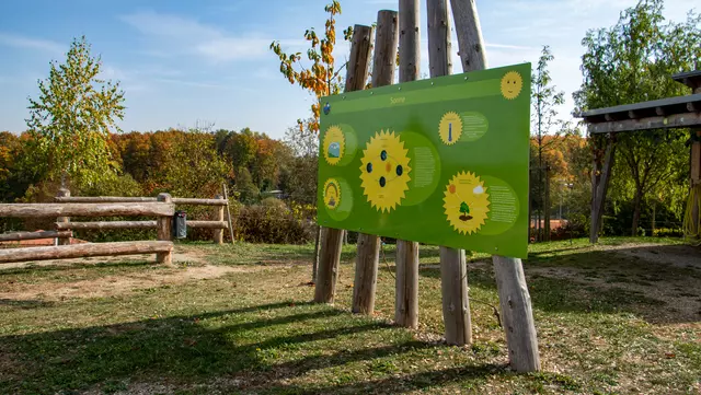 Klimawandelgarten mit Infoschild zum Element Sonne